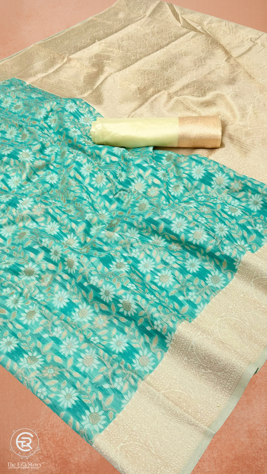 Green & Beige Floral Designer Cotton Saree
