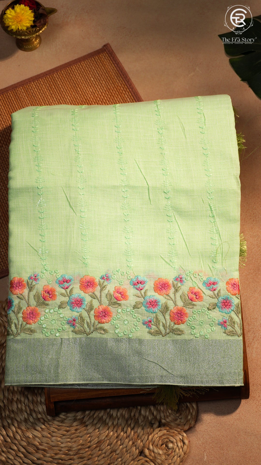 Pista Green Floral Embroidered Cotton Saree