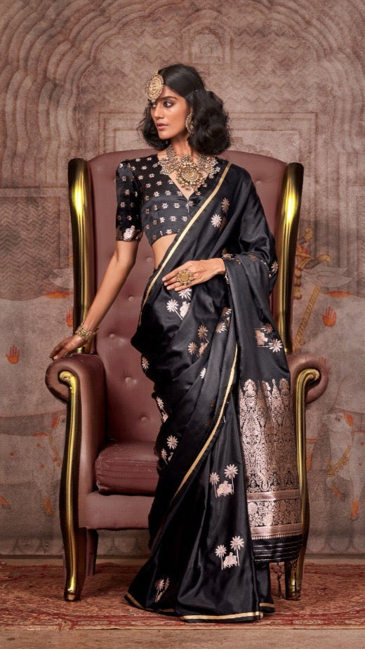 Black Pichwai Zari Weaving Satin Munga Banarasi Silk Saree