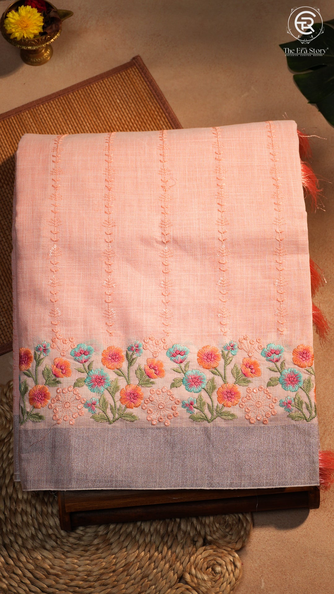 Peach Green Floral Embroidered Cotton Saree