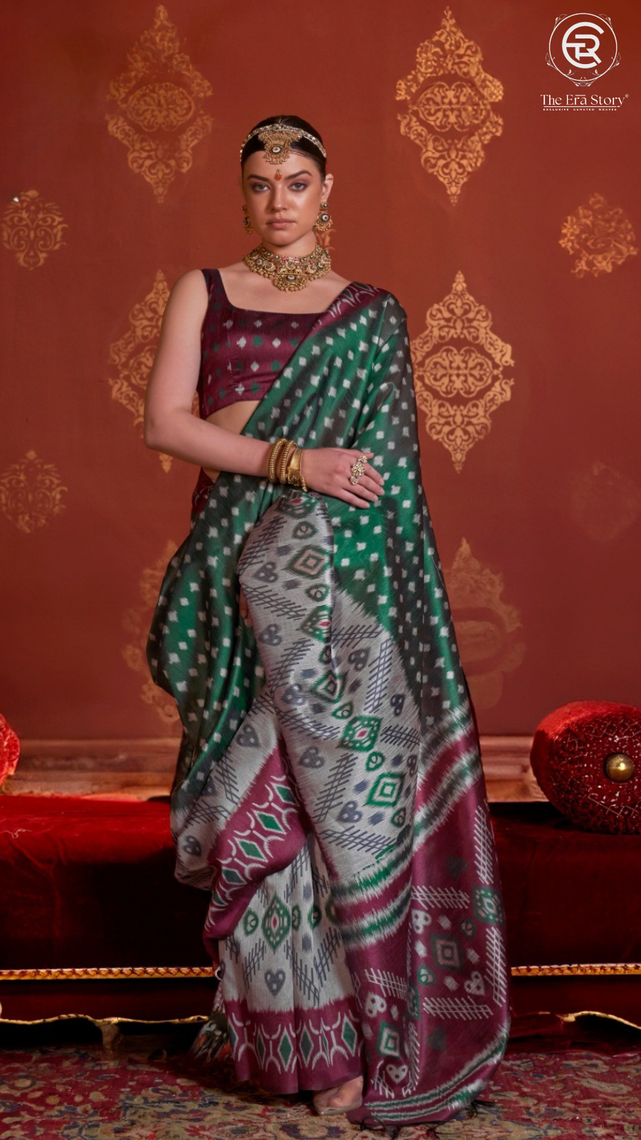 Green & Grey Ikkat Crepe Banarasi Silk Saree