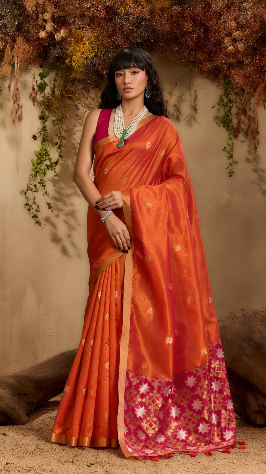 Orange Star Floral Gold Silver Tussar Silk Saree