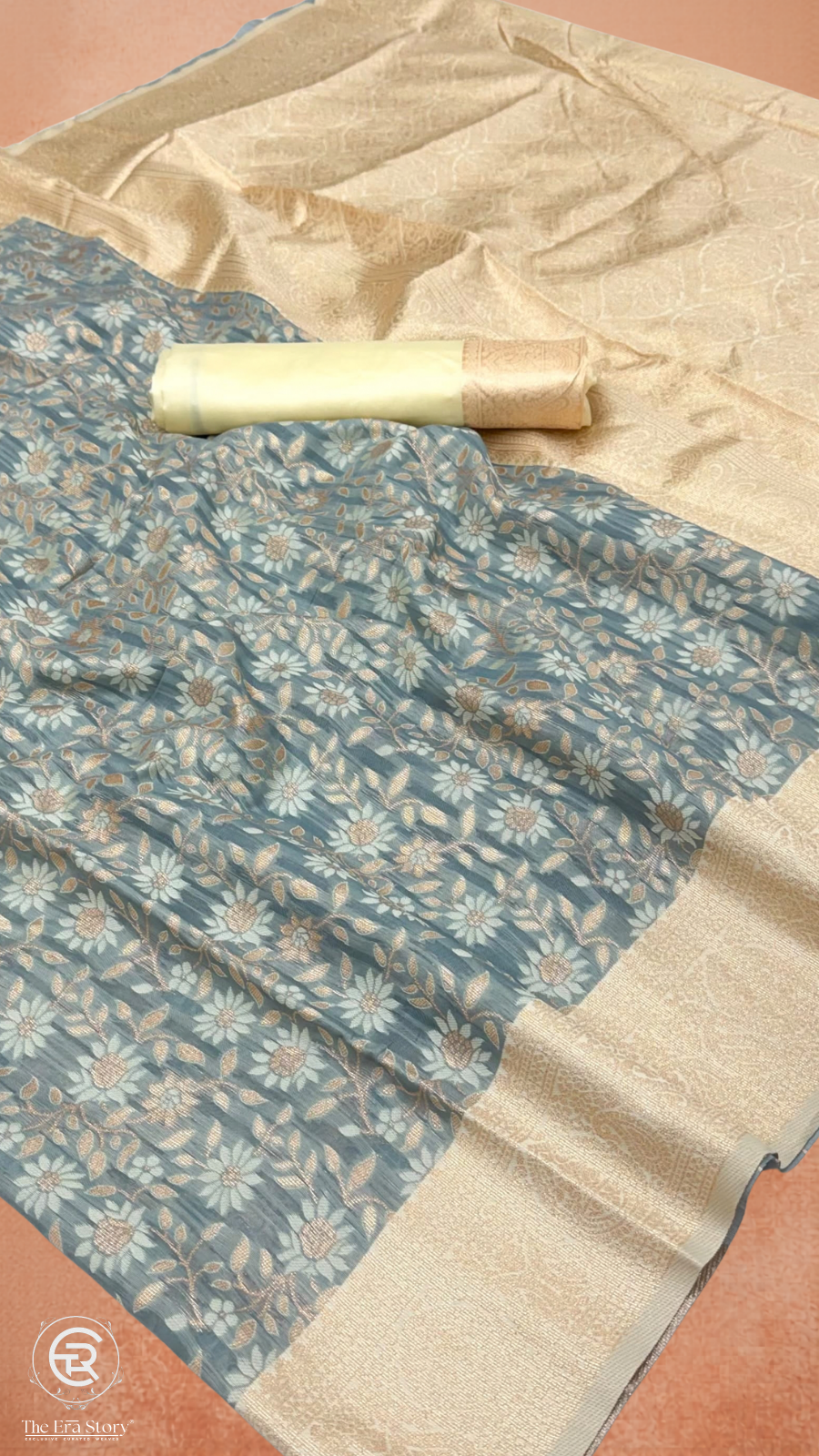 Grey & Beige Floral Designer Cotton Saree