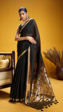 Black Gold Silver Floral Sequined Tussar Silk Saree