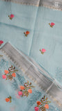 Baby Blue Floral Embroidered Cotton Saree