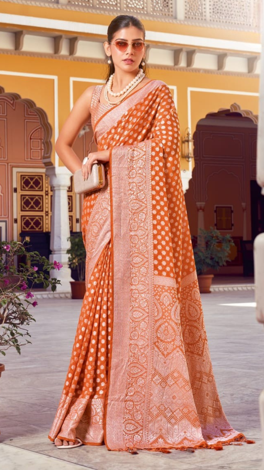 Orange Thread Weaved Floral Georgette Silk Saree