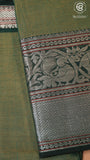 Olive Green Silver Zari Peacock & Paisley Border Handloom Narayanpet Cotton Saree