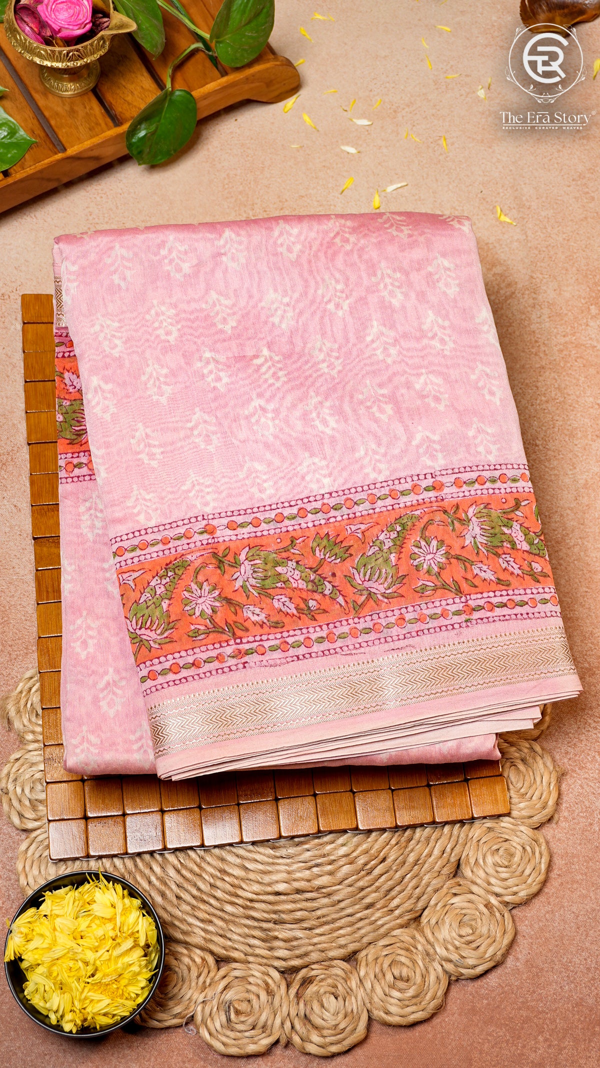 Pink and Red Floral Handblocked Pure Maheshwari Cotton Sarees