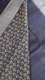 Navy Blue Floral Kantha Matka Tussar Silk Saree