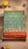 Sea Green & Red Floral Handblocked Pure Maheshwari Cotton Saree