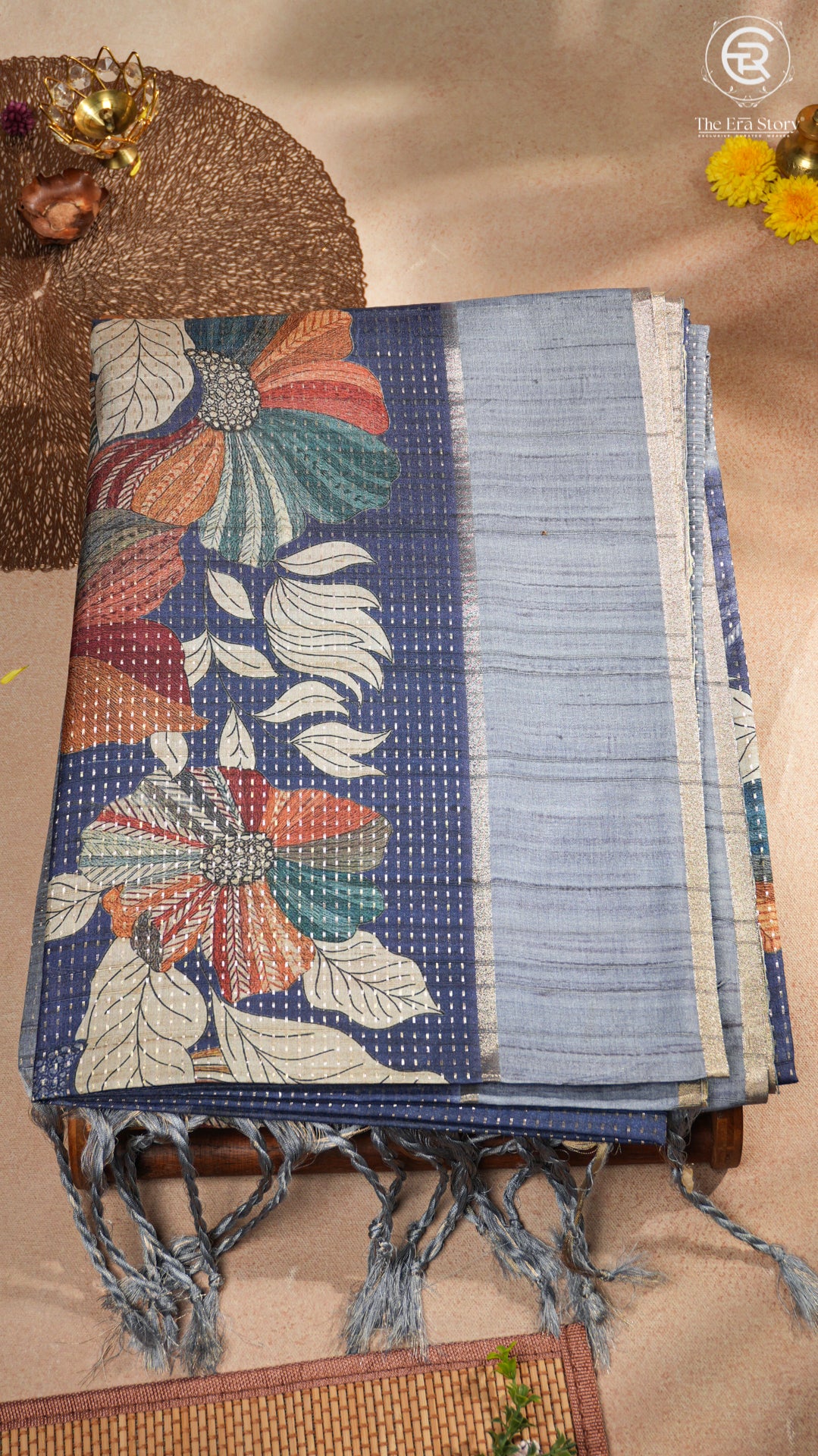 Navy Blue Floral Kantha Matka Tussar Silk Saree