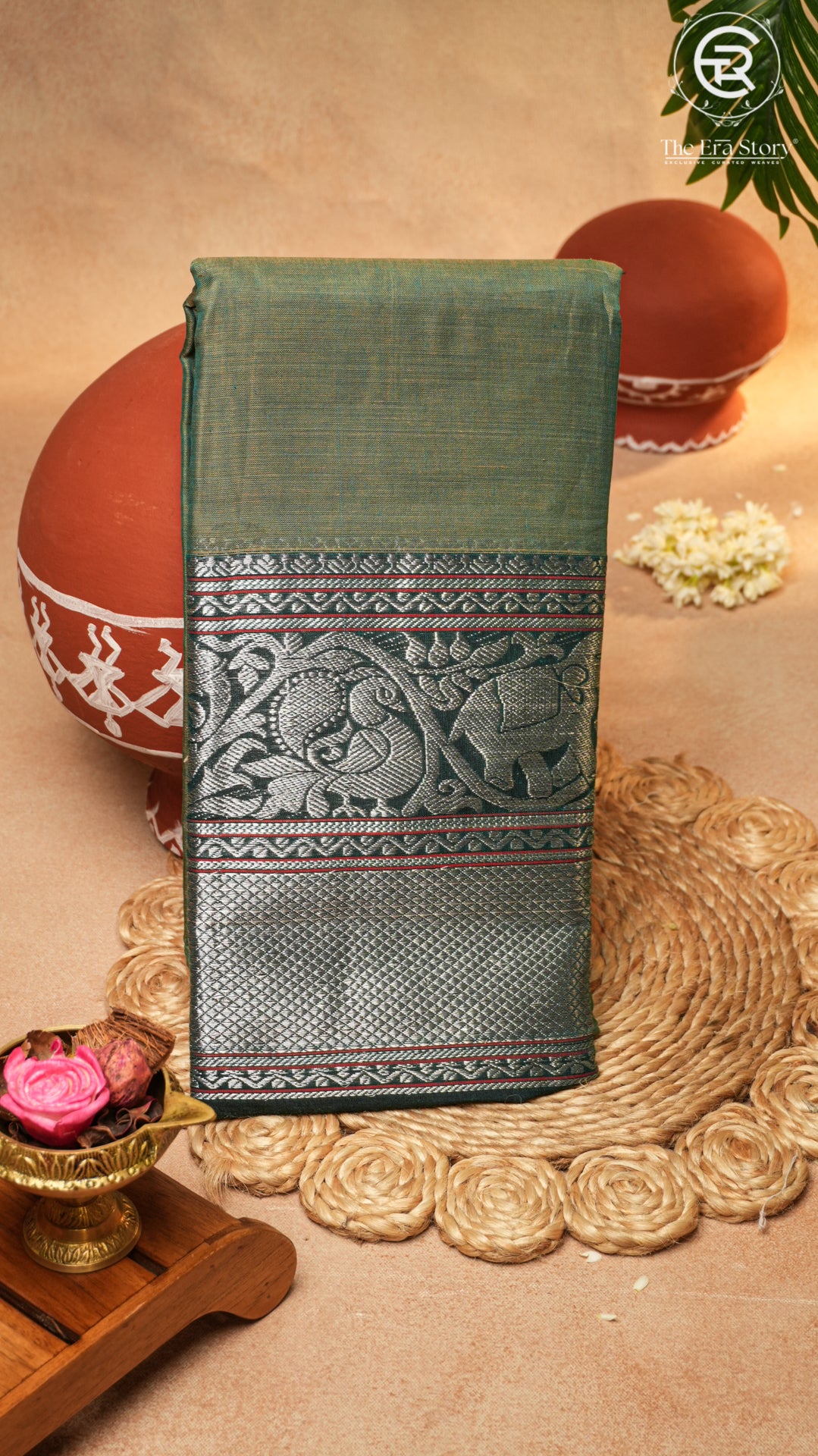 Olive Green Silver Zari Peacock & Paisley Border Handloom Narayanpet Cotton Saree