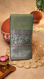 Olive Green Silver Zari Peacock & Paisley Border Handloom Narayanpet Cotton Saree
