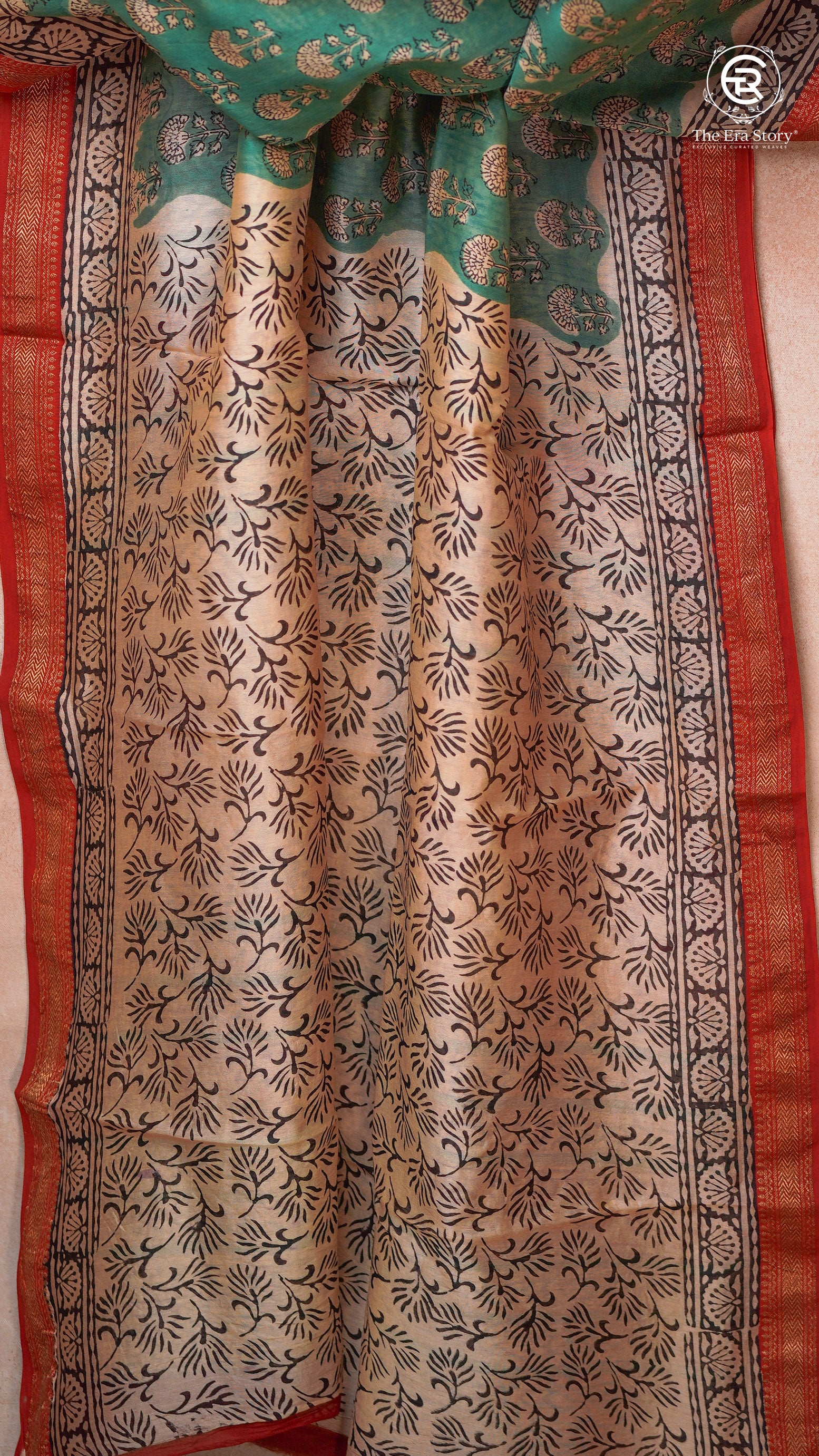 Sea Green & Red Floral Handblocked Pure Maheshwari Cotton Saree