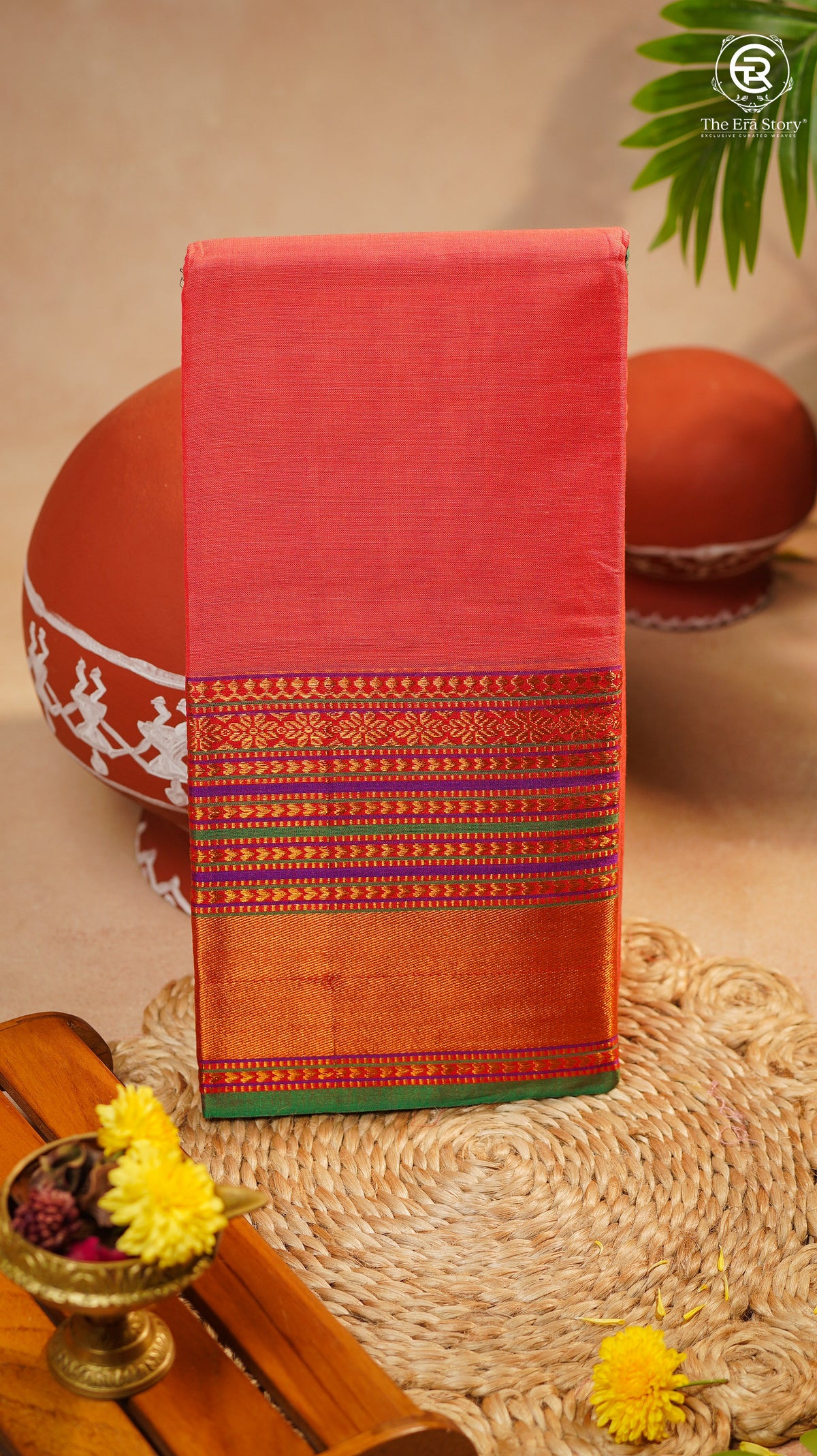 Peach & Green Gold Traditional Border Handloom Narayanpet Cotton Saree