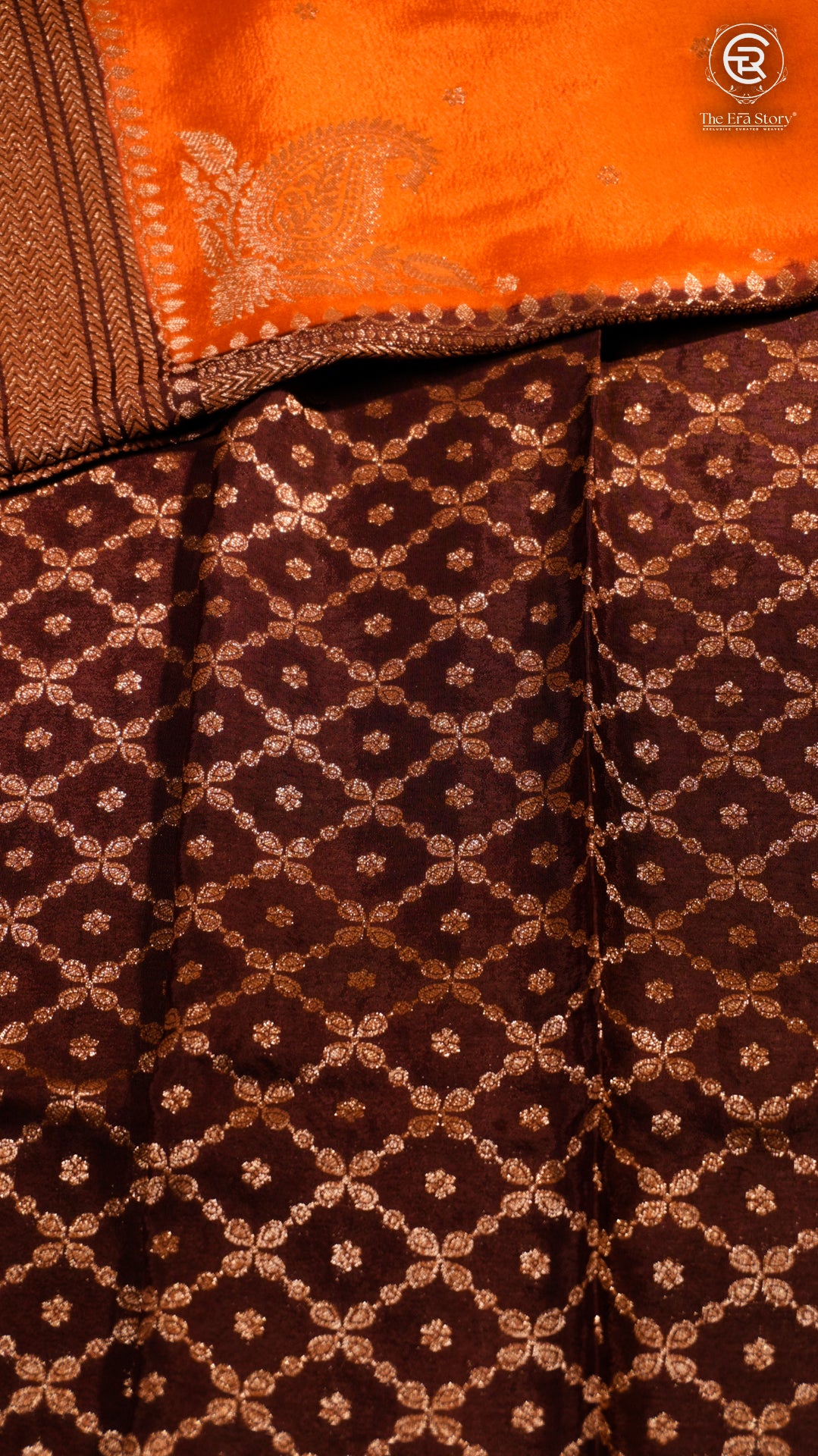 Orange & Brown Pure Crepe Chiffon Banarasi Silk Saree
