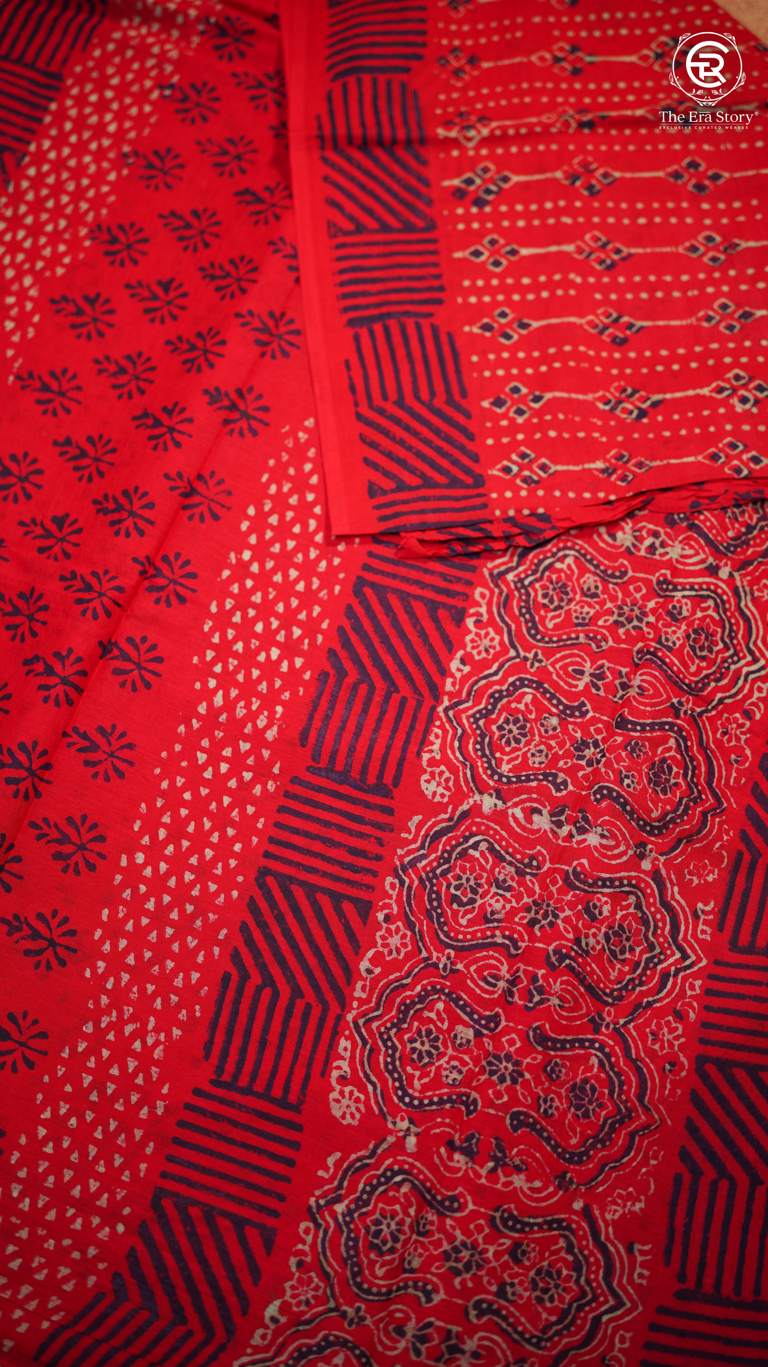 Red Contemporary Handblocked Pure Mul Cotton Saree