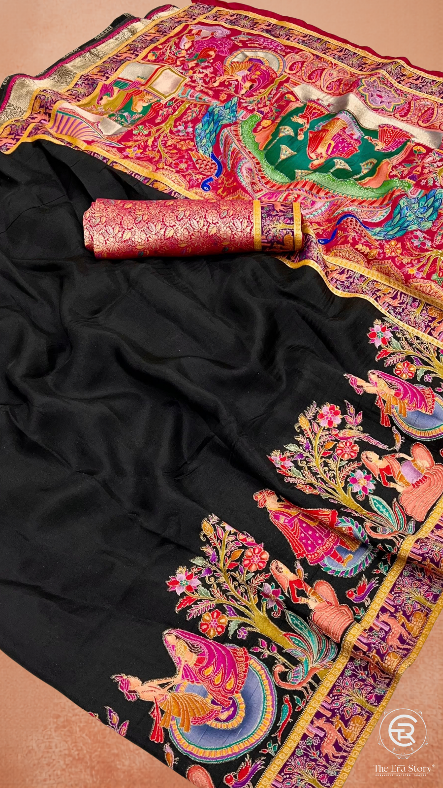 Black & Blue Festive Print Crepe Banarasi Saree