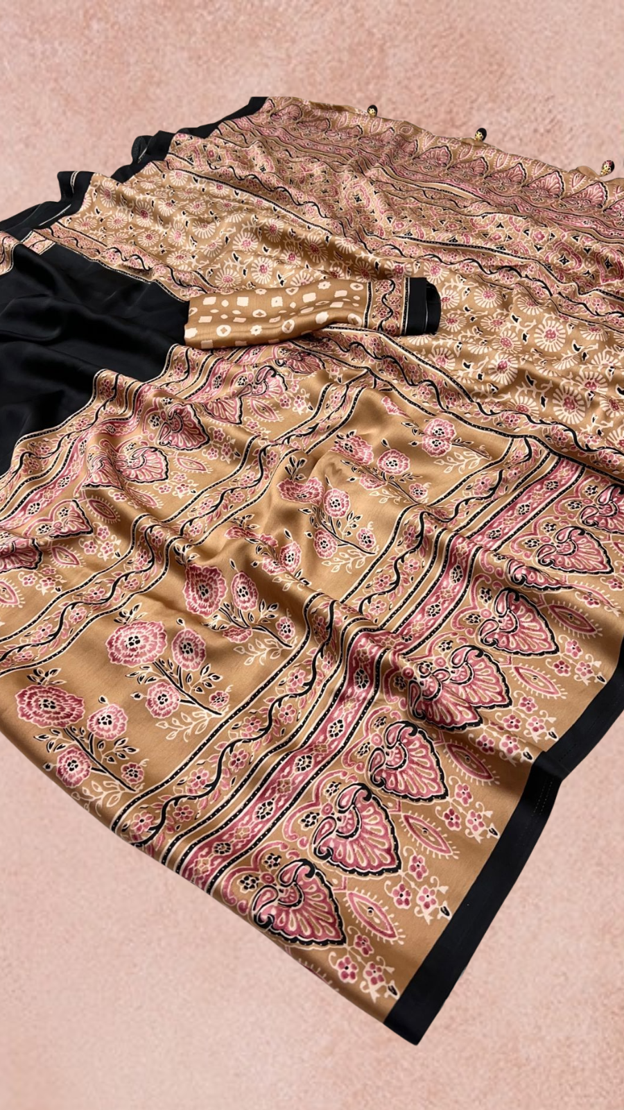 Black and Beige Ajrakh Satin Crepe Silk Saree