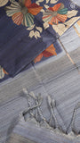 Navy Blue Floral Kantha Matka Tussar Silk Saree