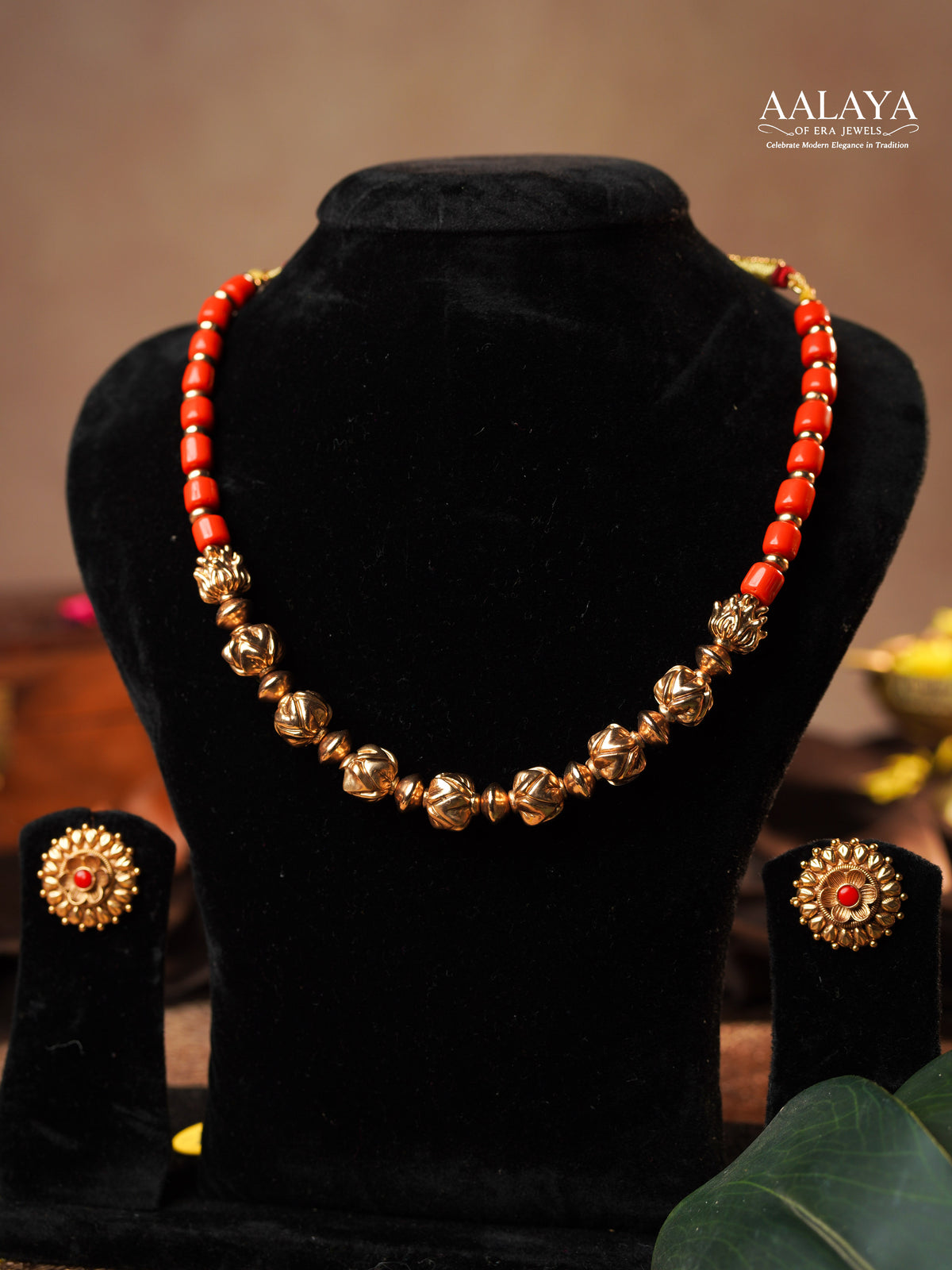 Aalaya Antique Gold Coral Bead Necklace Set