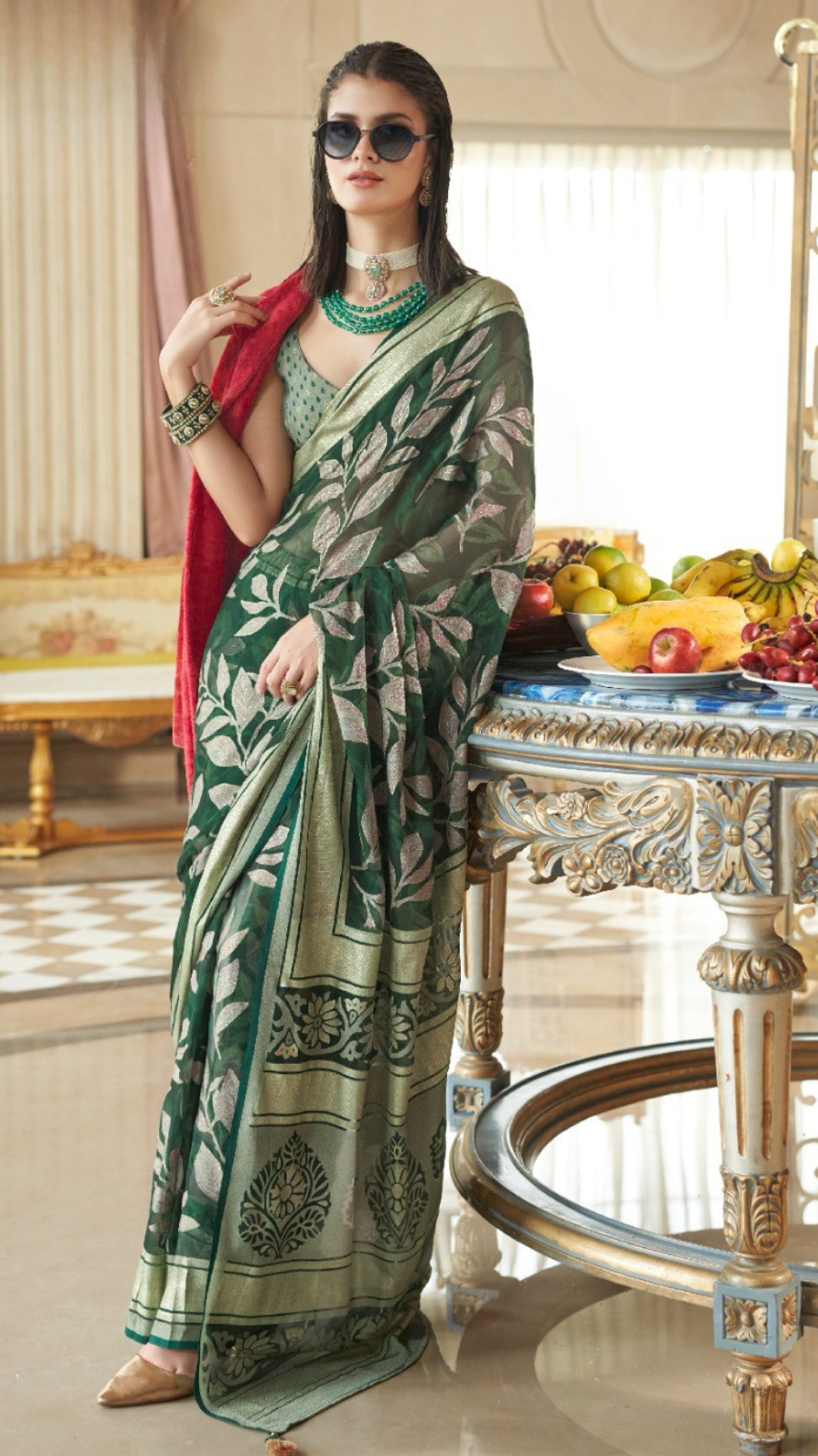 Green Floral Brasso Georgette Silk Saree