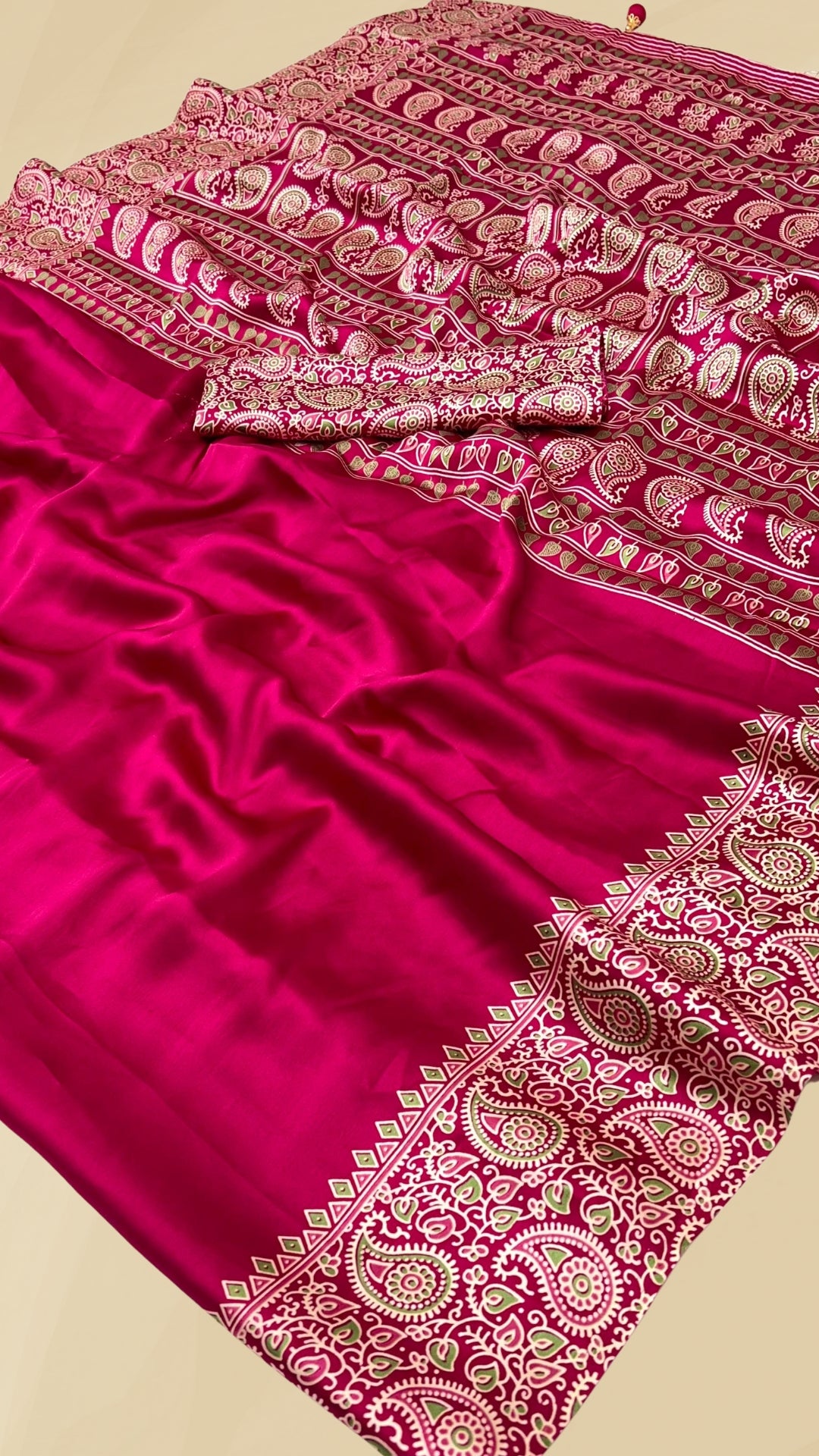 Ruby Pink Mango Floral Ajrakh Gajji Silk Saree