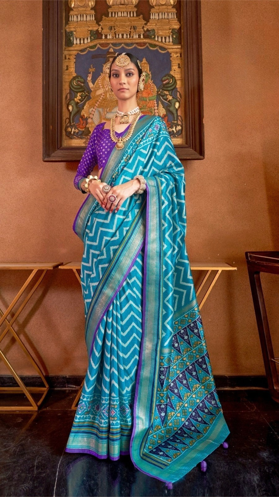 Sky Blue Leheriya Patola Contemporary Banarasi Crepe Silk Saree ERA04BLU