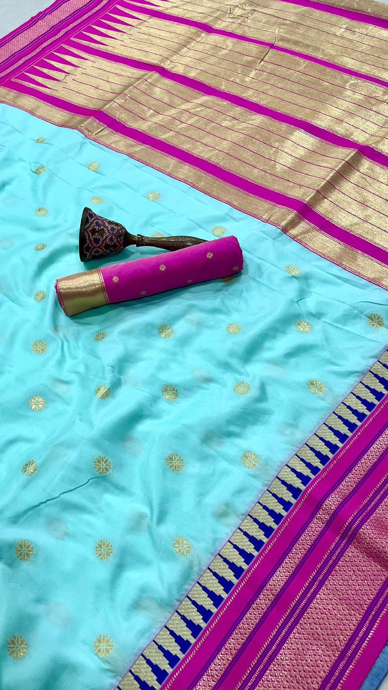 Turquoise and Pink Temple border Kanchi Soft Silk Sarees