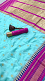 Turquoise and Pink Temple border Kanchi Soft Silk Sarees