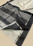 Grey and Black Line Patterned Handloom Pure Maheshwari Silk Saree