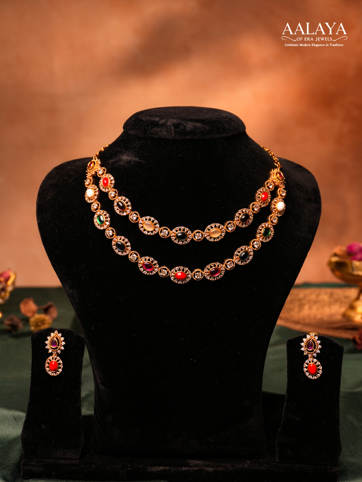 Aalaya Navaratna Double Layer Necklace Set