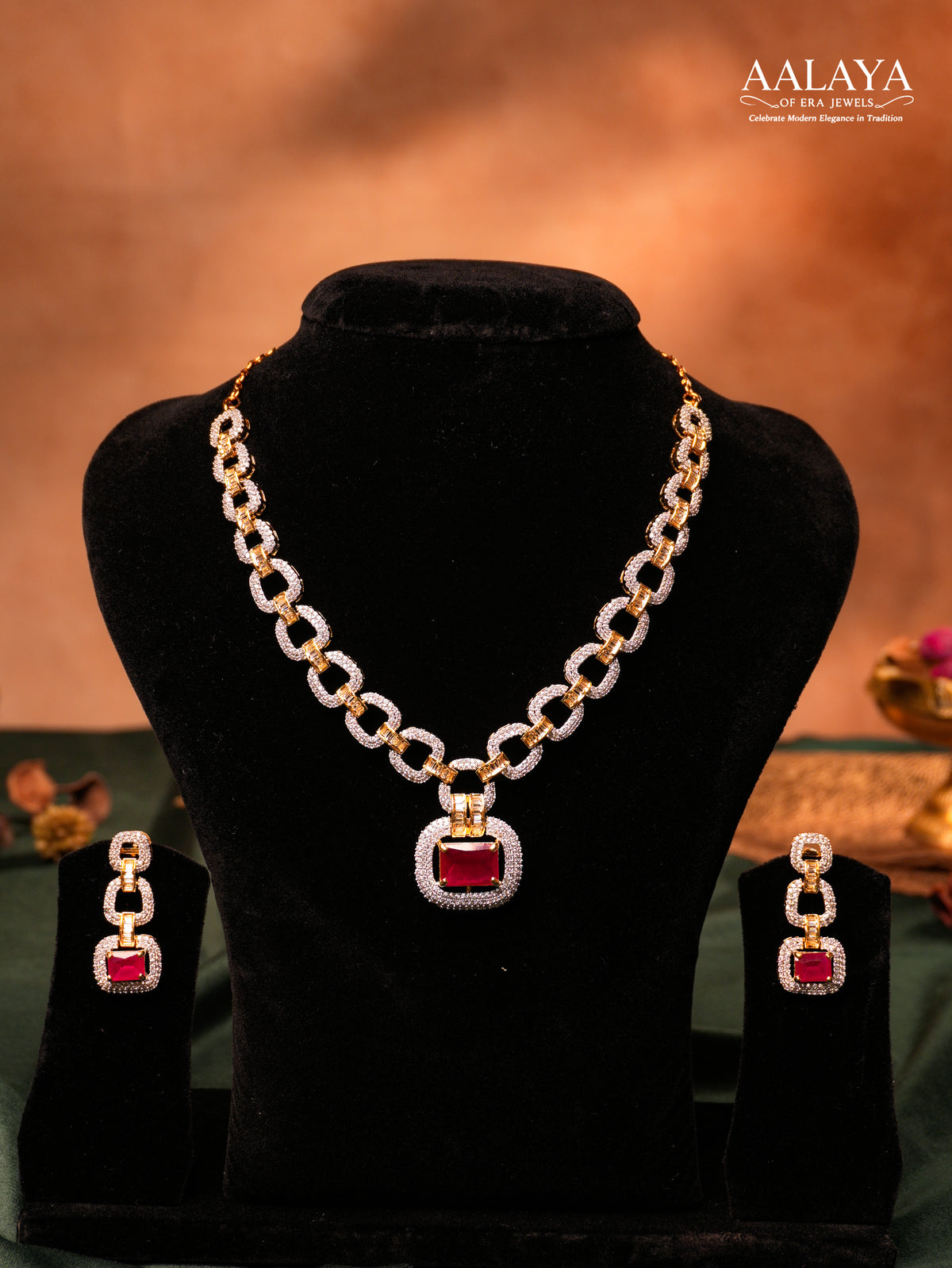 Aalaya Ruby Crystal Link Necklace Set