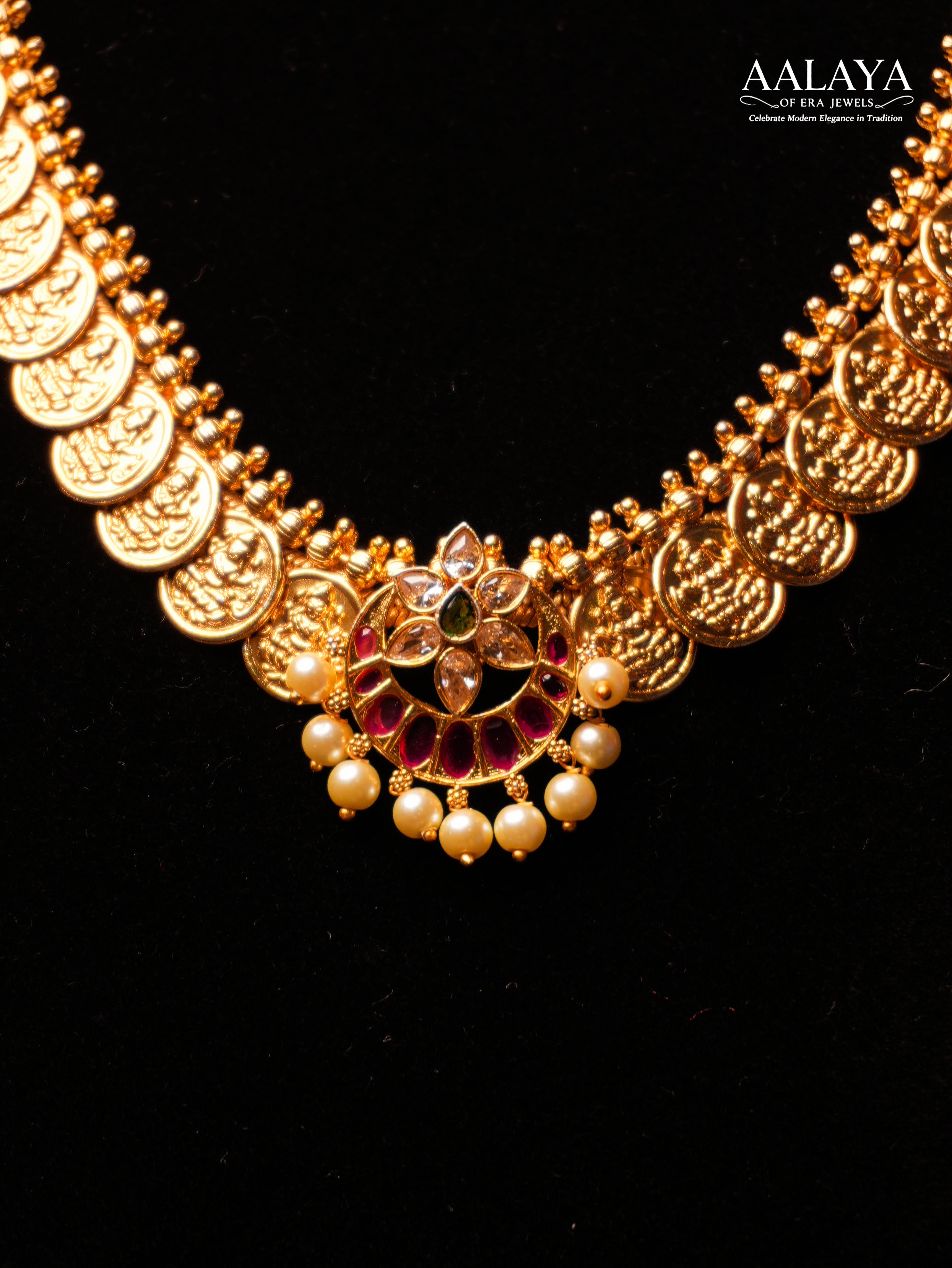 Aalaya Temple Coin Floral Pendant Heritage Necklace & Haaram Set