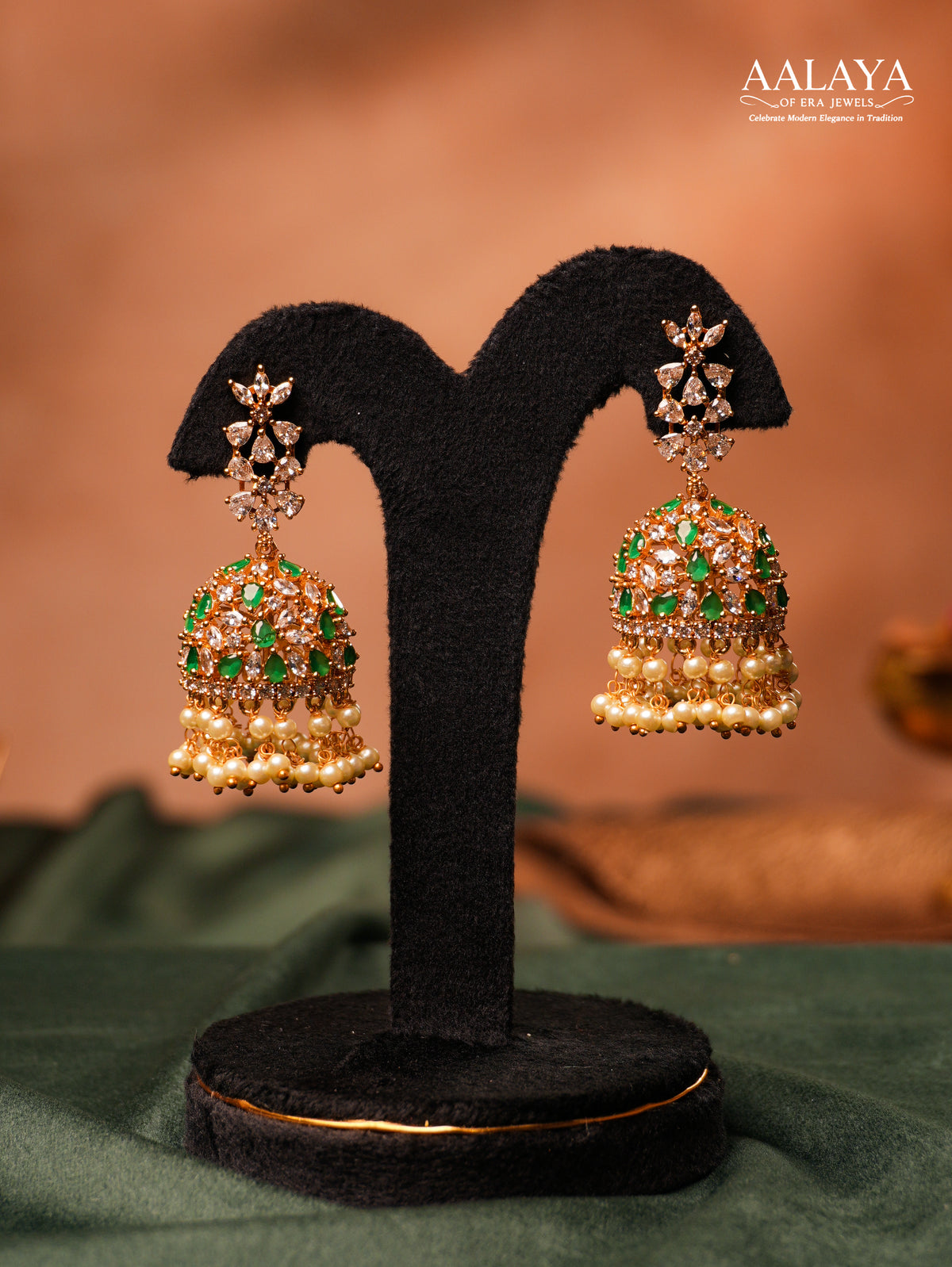 Aalaya Emerald Diamond Pearls Dome Jhumka Earrings
