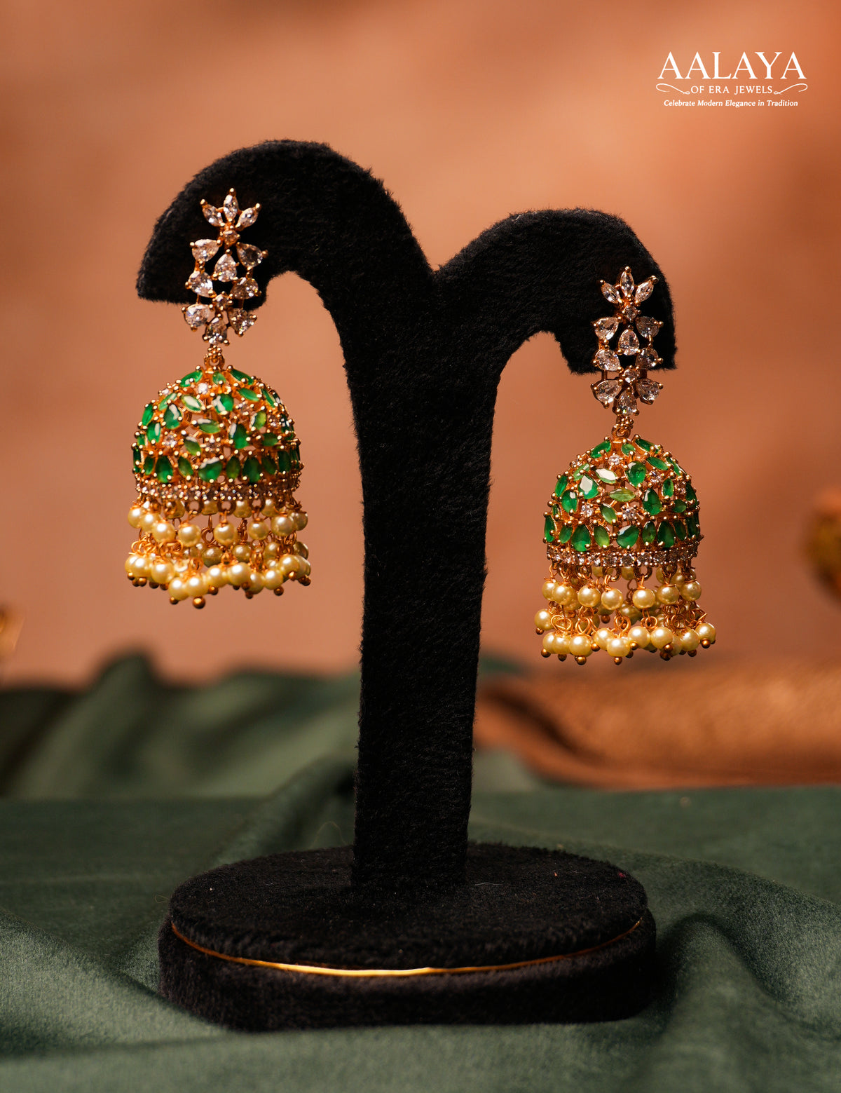 Aalaya Emerald Pearls Dome Jhumka Earrings