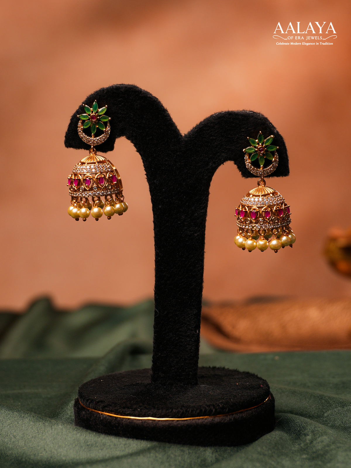 Aalaya Floral Ruby Emerald Star Studded Jhumka Earrings