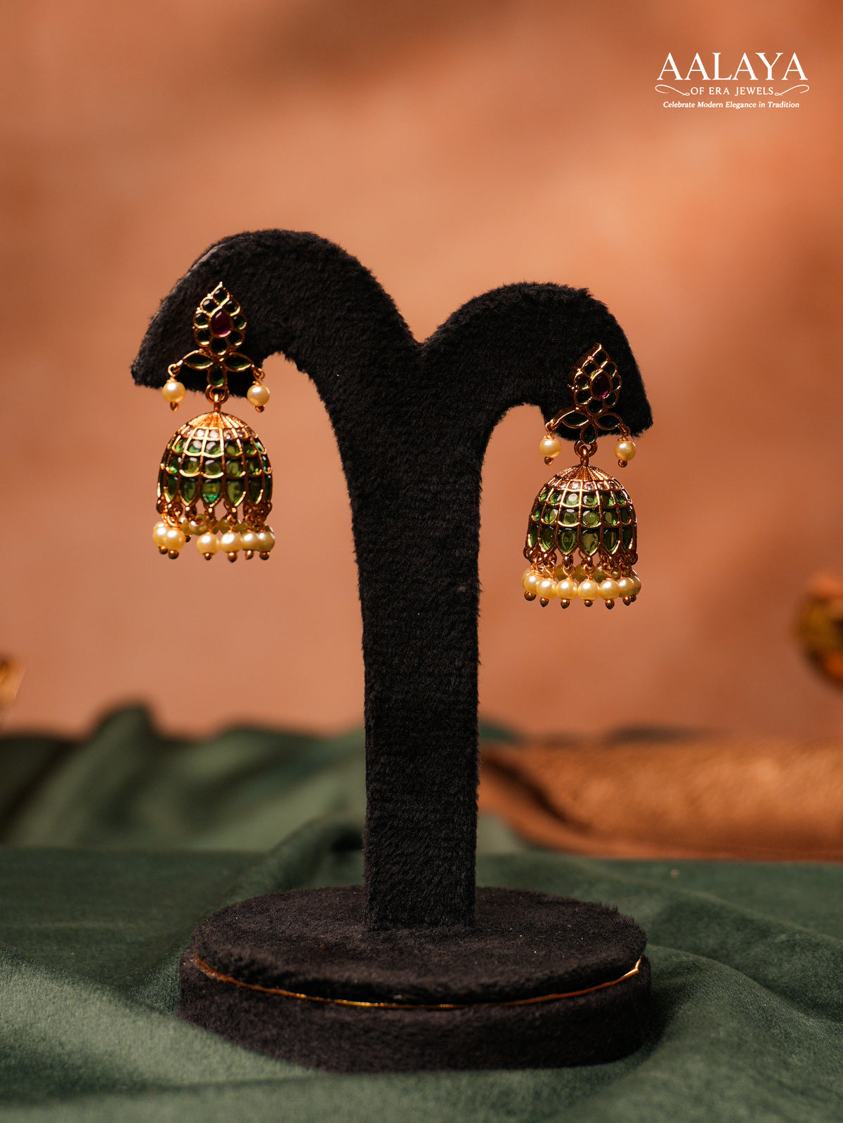 Aalaya Emerald Pearls Lattice Jhumka Earrings