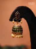 Aalaya Emerald Pearls Lattice Jhumka Earrings
