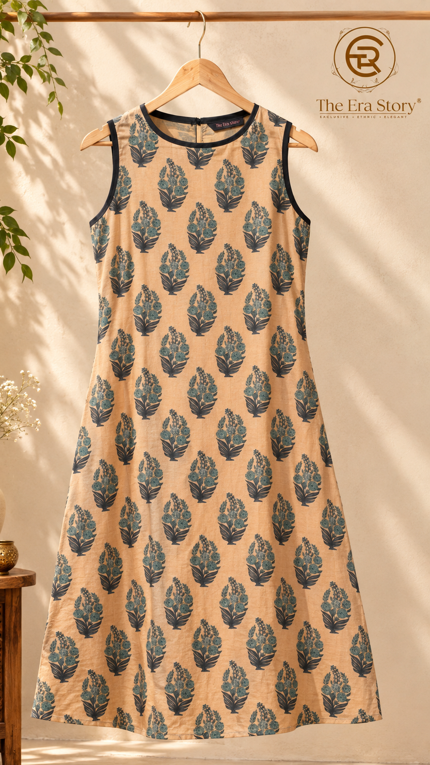 Beige Blue Floral Mogra Chanderi Ready-to-Wear Kurti