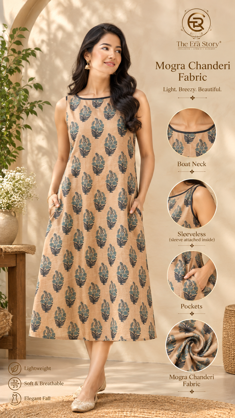 Beige Blue Floral Mogra Chanderi Ready-to-Wear Kurti