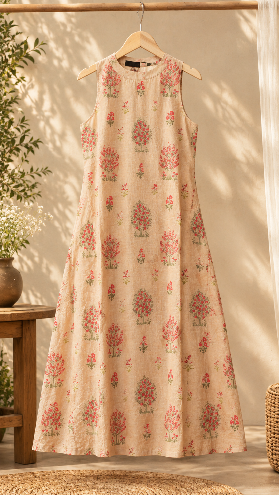 Beige Red Floral Mogra Chanderi Ready-to-Wear Kurti