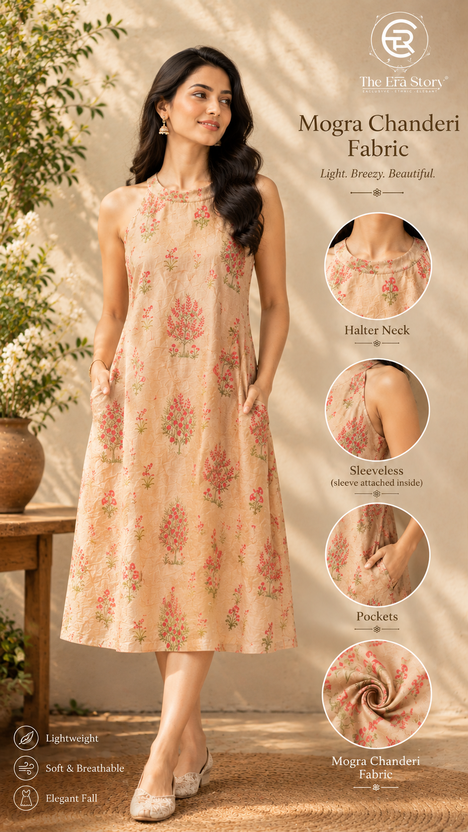 Beige Red Floral Mogra Chanderi Ready-to-Wear Kurti