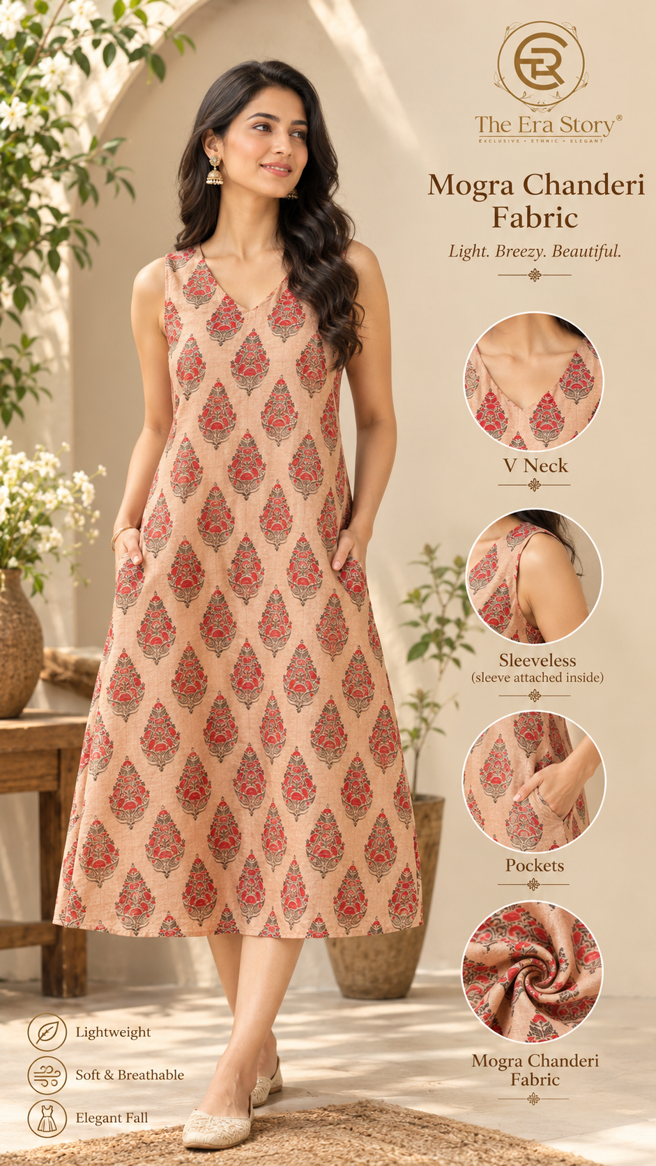 Beige Red Triangle Floral Mogra Chanderi Ready-to-Wear Kurti