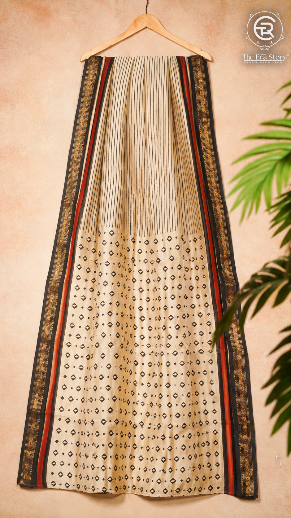Beige & Maroon Geometric Handblocked Pure Maheshwari Silk Cotton Saree