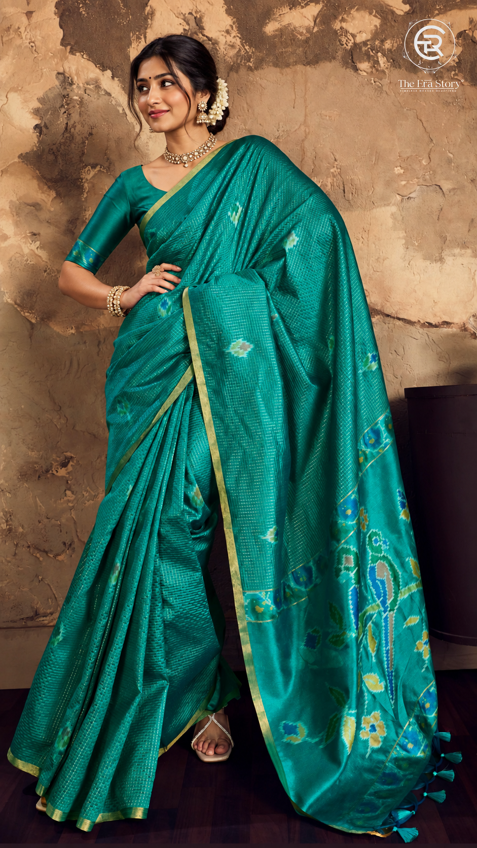 Blue & Gold Kantha Ikkat Parrot Tussar Silk Saree