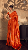 Orange & Gold Kantha Ikkat Parrot Tussar Silk Saree