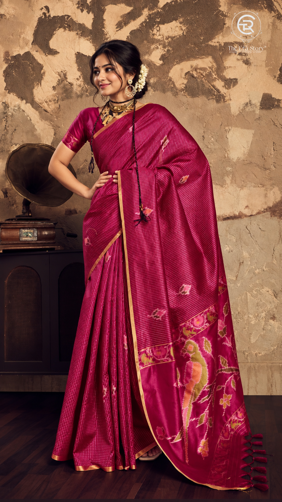 Purple & Gold Kantha Ikkat Parrot Tussar Silk Saree