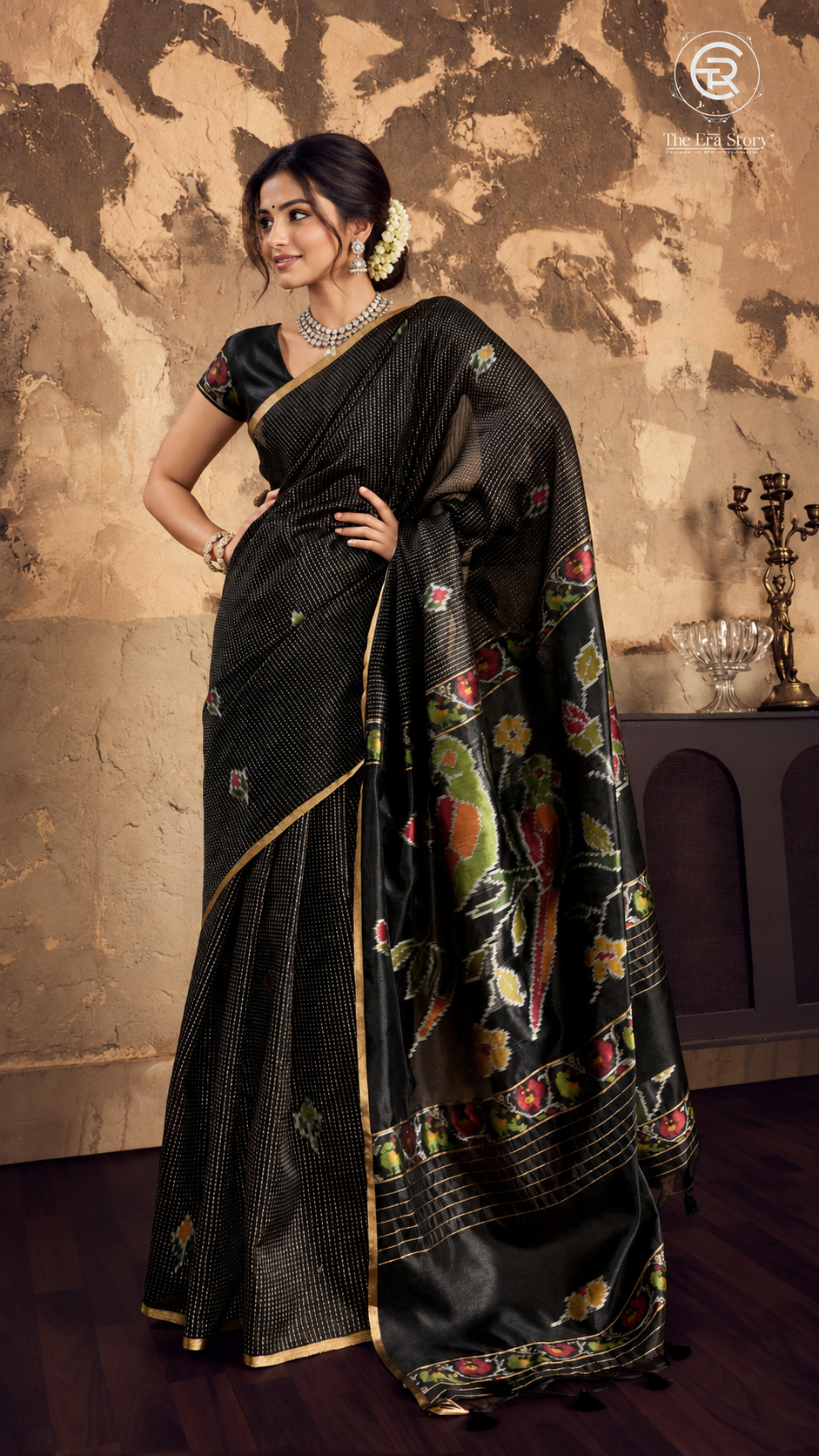 Black & Gold Kantha Ikkat Parrot Tussar Silk Saree