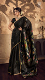 Black & Gold Kantha Ikkat Parrot Tussar Silk Saree